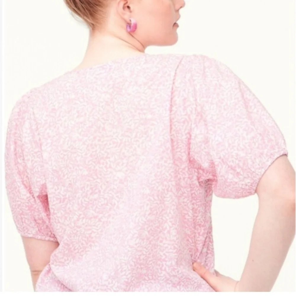 J. Crew Cotton V-Neck Puff-Sleeve Floral Womens Pink/White Blouse Size Large NEW